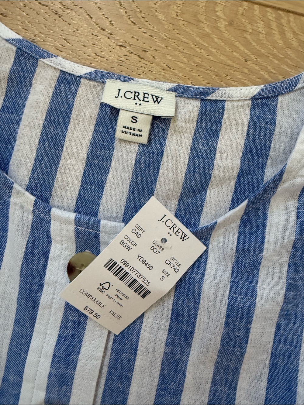 J. Crew Factory Blue and White Vertical Stripe Button Tank - Picture 2 of 3